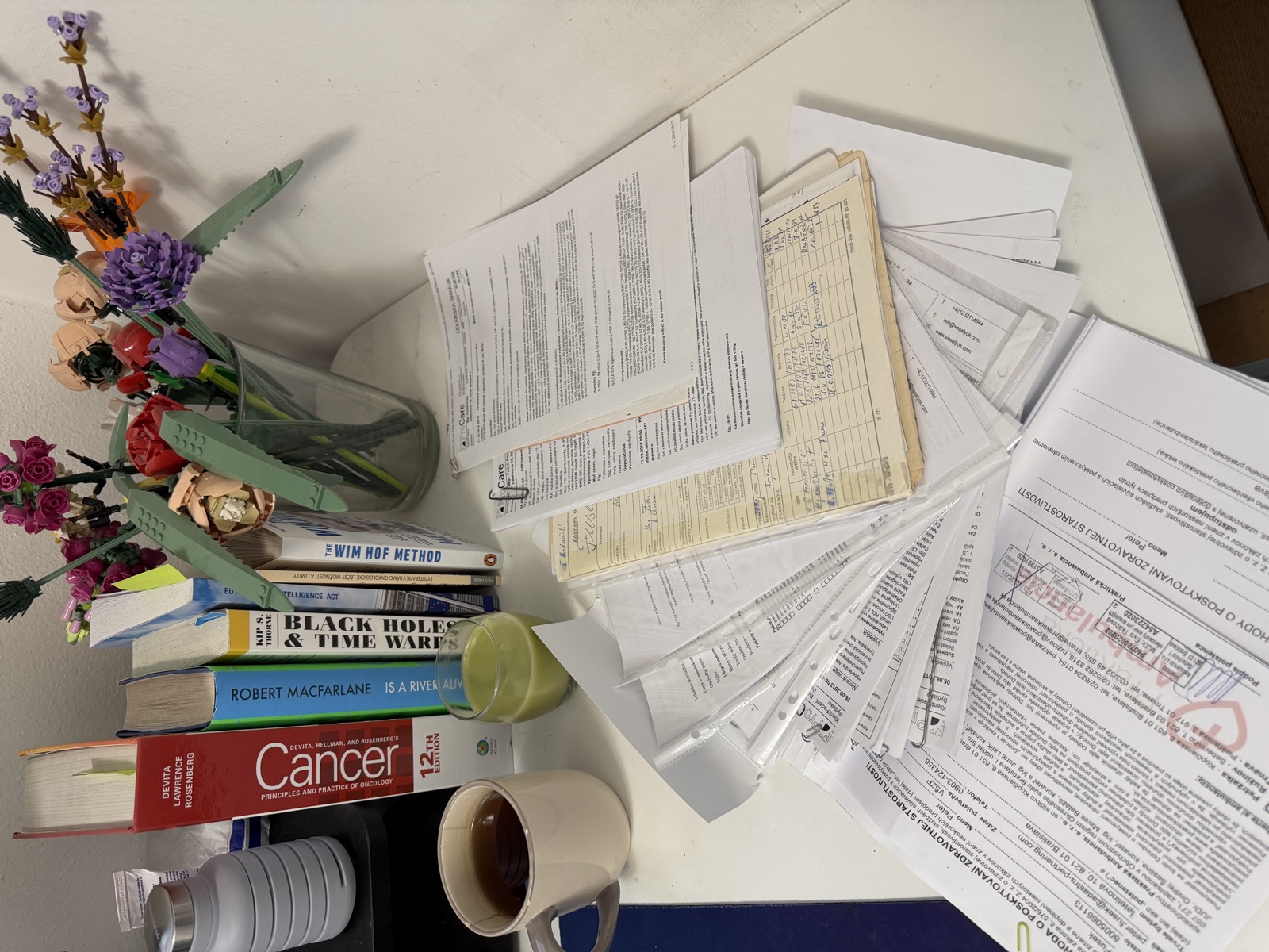 Spread of 40+ years of paper medical records on a desk — ambulatory notes, vaccination cards, lab printouts